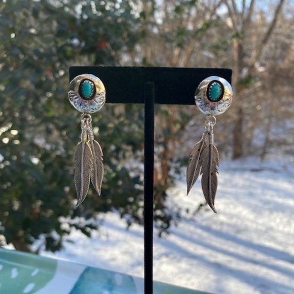 VTG Fred Weekoty Zuni Sterling Turquoise Feather EARRINGS - Picture 4 of 8